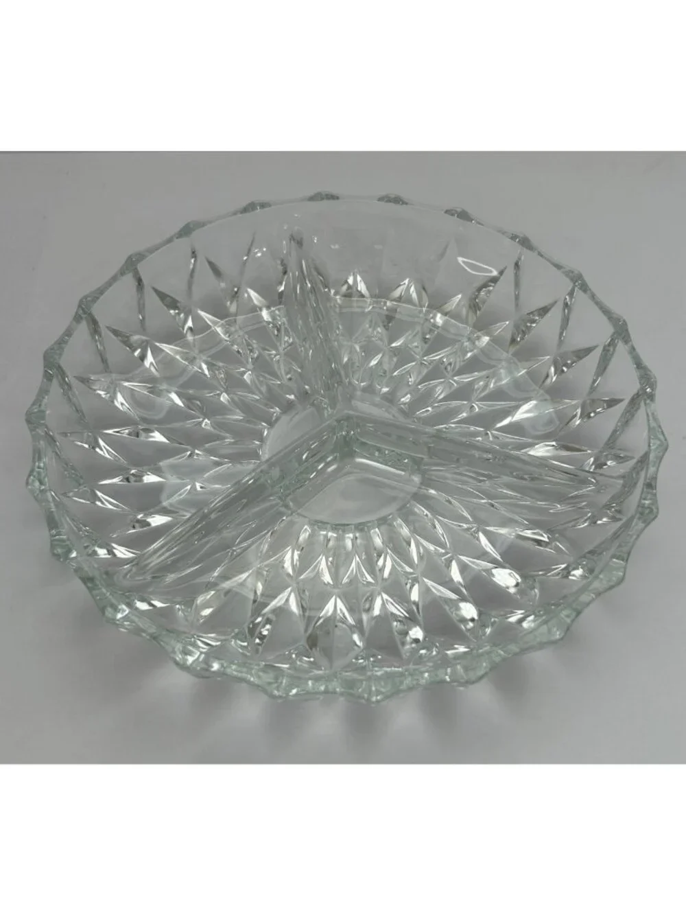 Vintage MCM Clear Glass Divided Makeup Trinket Serving Dish Diamond Pattern Glam